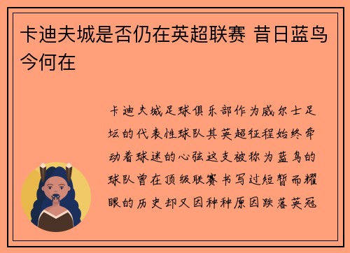 卡迪夫城是否仍在英超联赛 昔日蓝鸟今何在