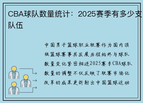 CBA球队数量统计：2025赛季有多少支队伍